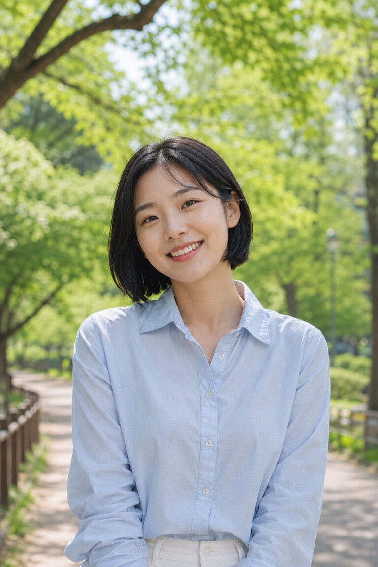 싱그러운 나무 아래 환하게 웃는 여성의 자연스러운 야외 포트레이트