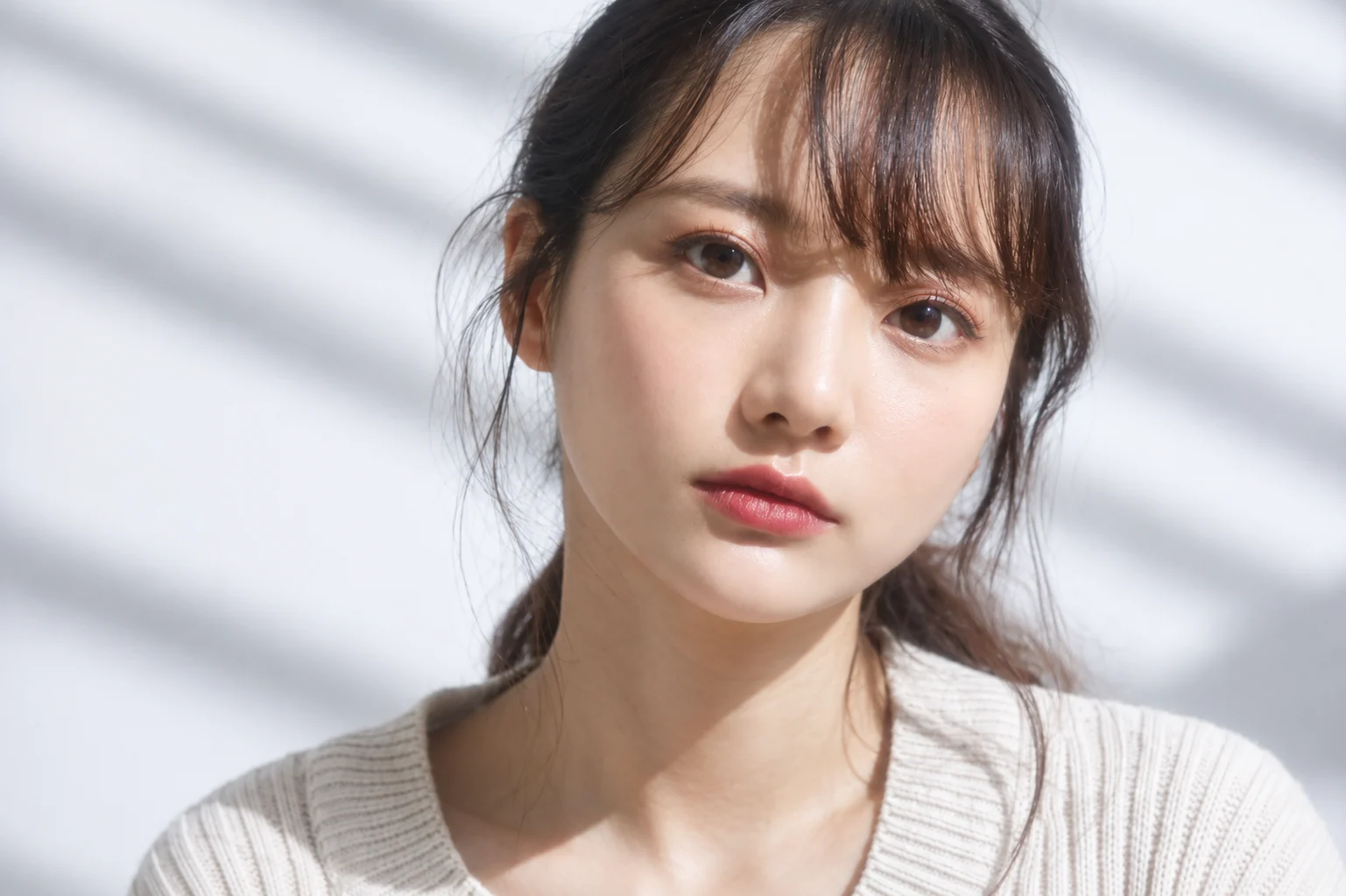 하얀 스튜디오에서 편안한 자세로 자신의 분위기를 표현하는 여성